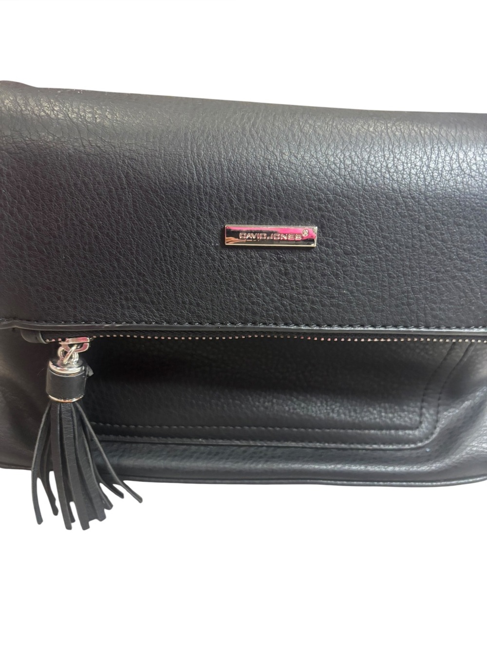 David Jones Paris Black Crossbody Bag Faux Leather Tassel Multi Compartment